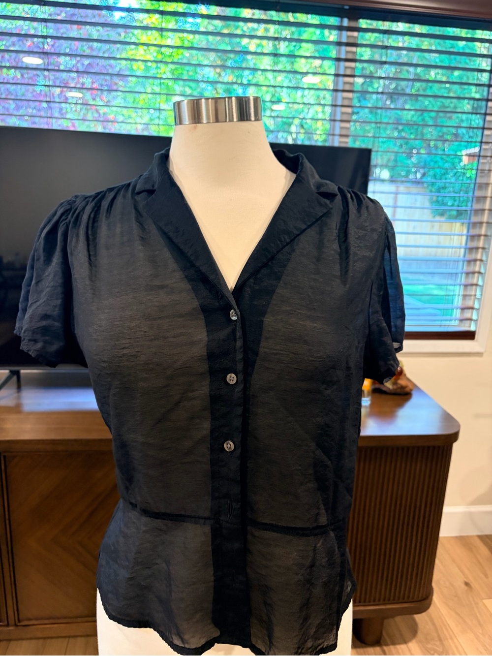 GAP Black Short-Sleeve Button-Front Sheer Blouse